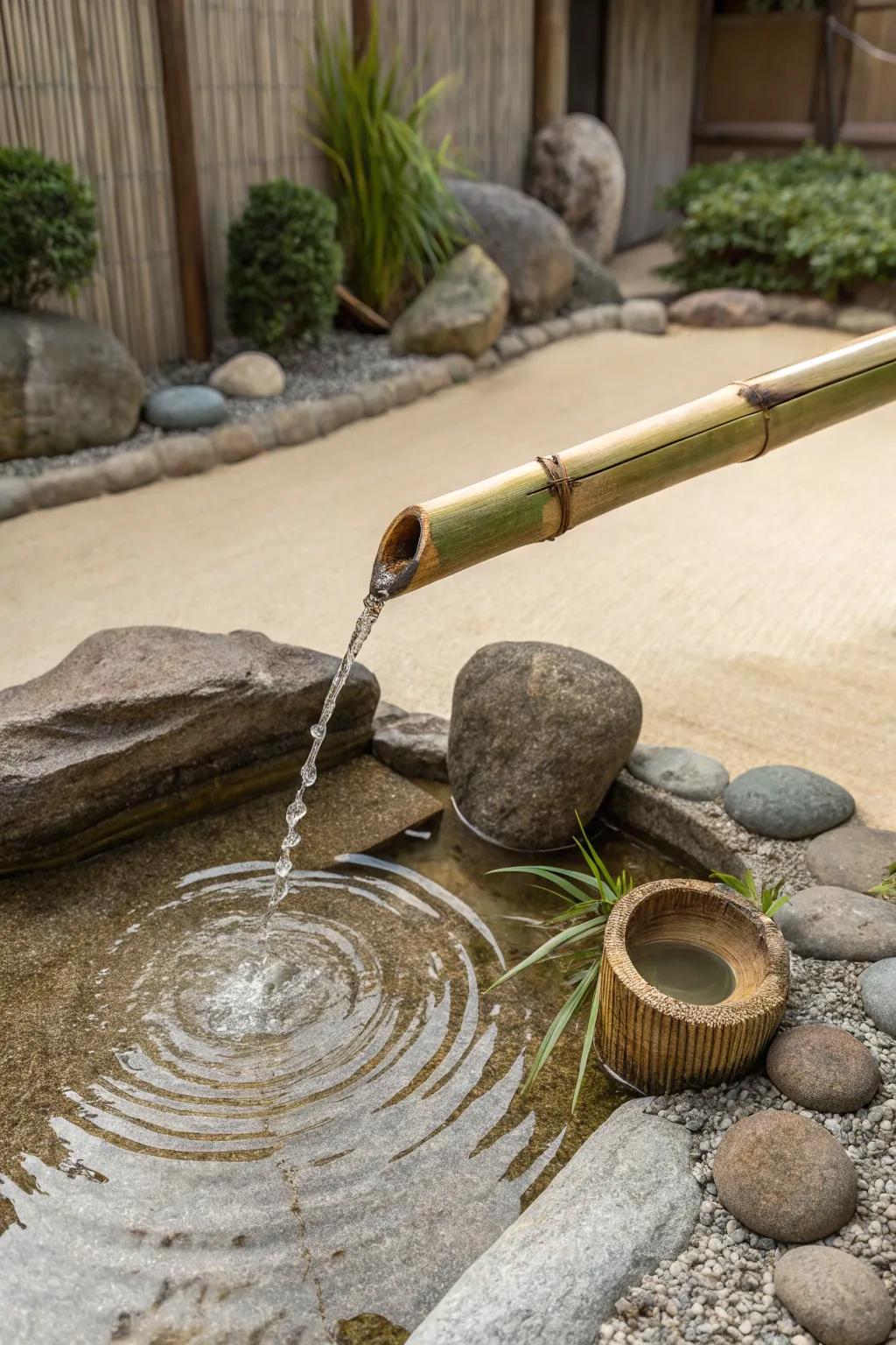 A serene Zen garden complemented by a delicate bamboo fountain.