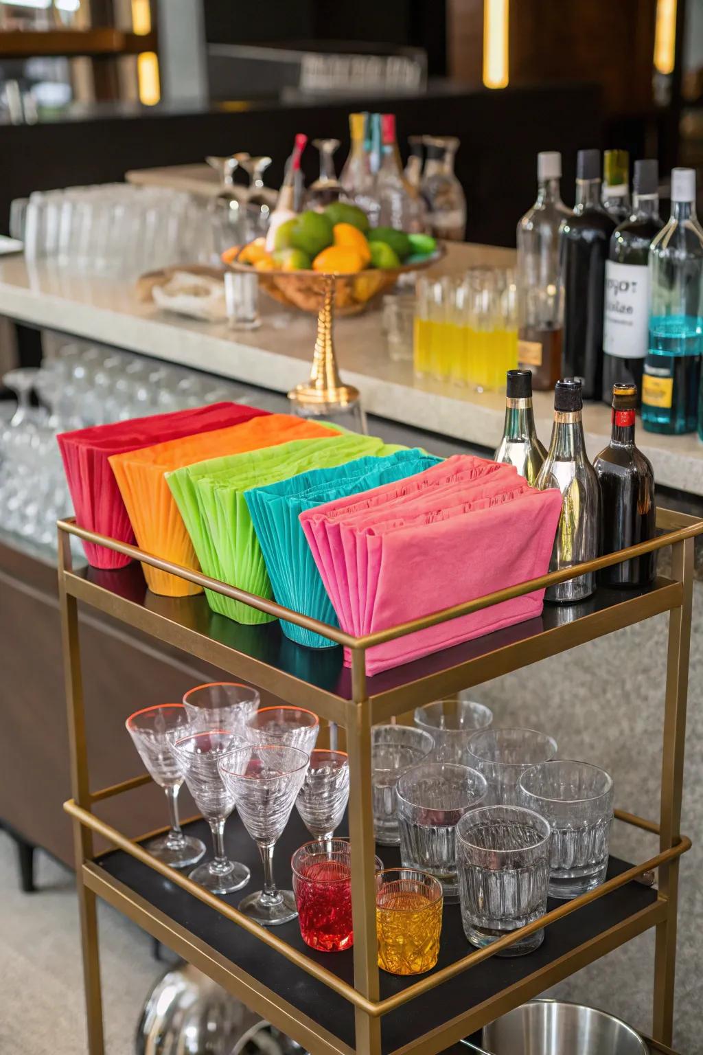 Bold colors create a lively and inviting bar cart.