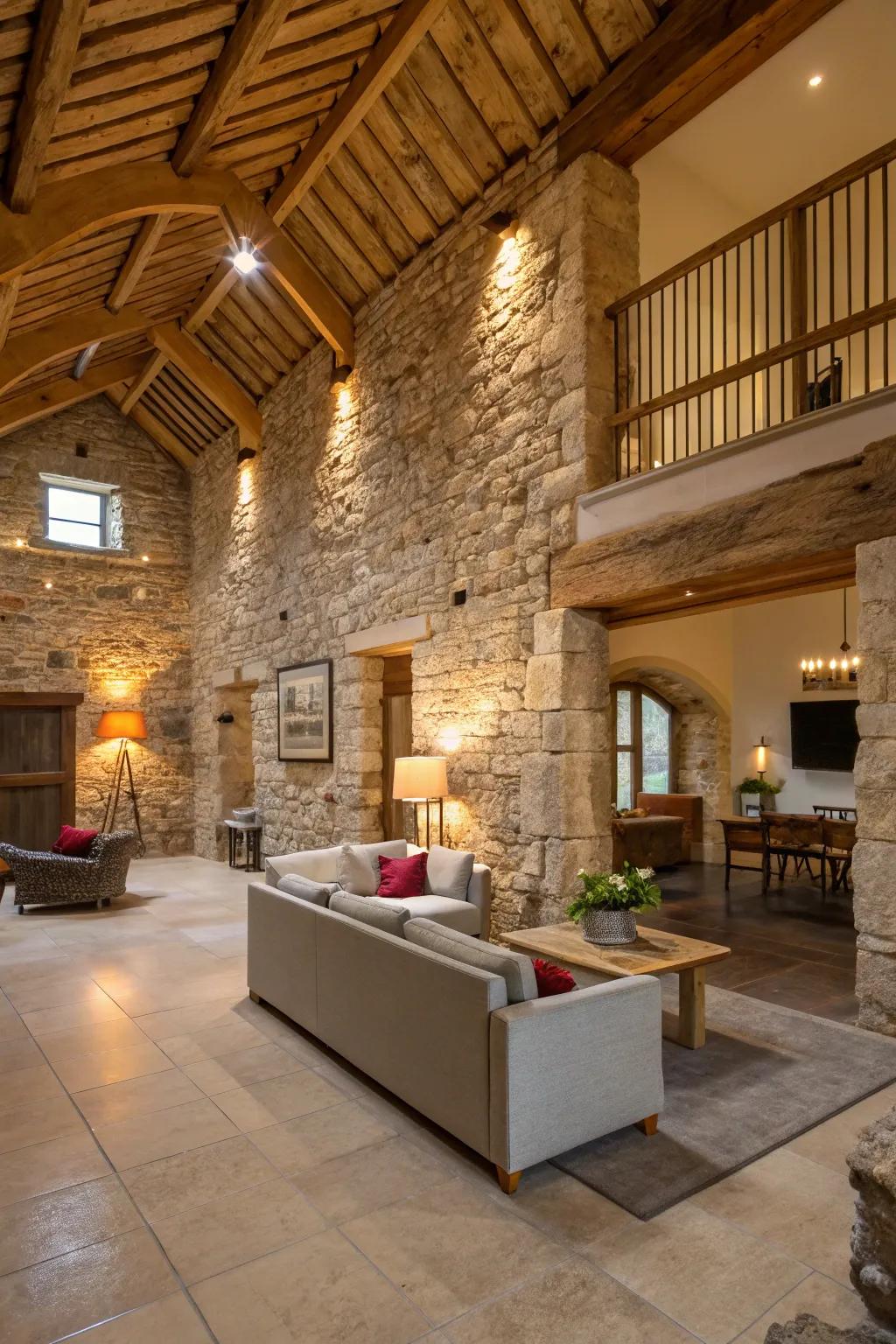 Stone walls preserve the rustic essence in barn conversions.