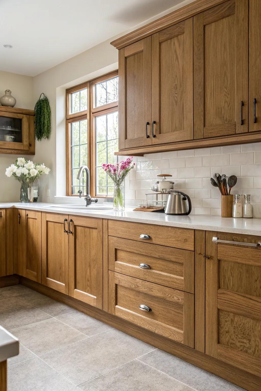 Classic wood-finished cabinets add warmth and timeless appeal.