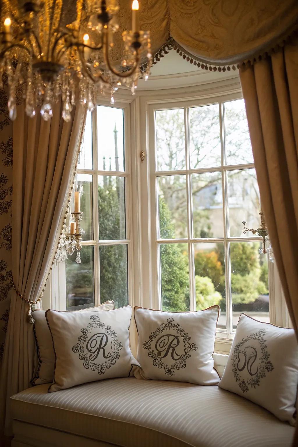 Monogrammed cushions offer a personalized touch to your bay window space.