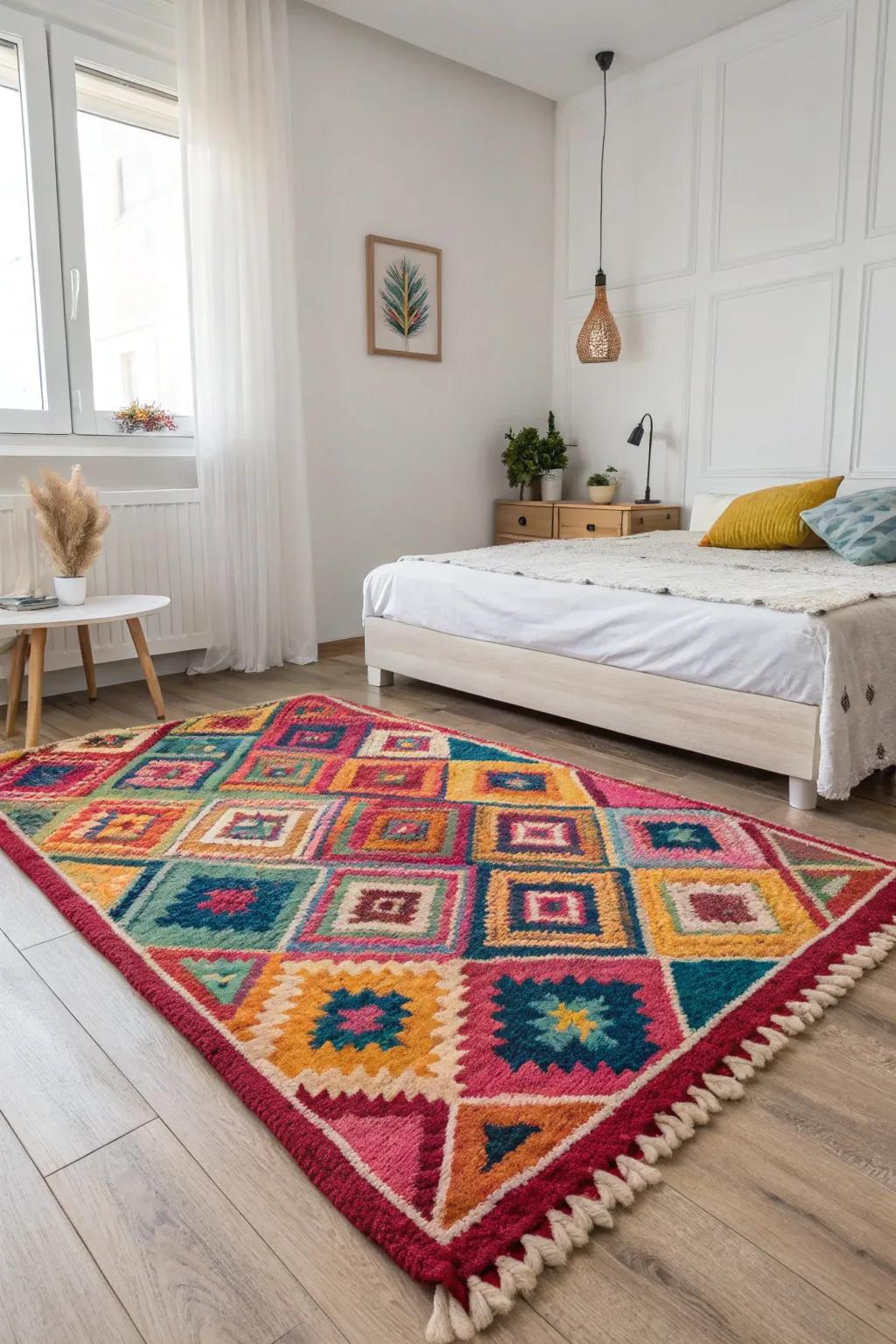 A colorful rug enlivens a neutral space.