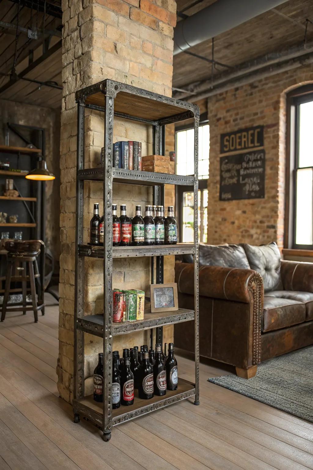 Vintage metal shelving with beer bottles in an industrial-style living room.