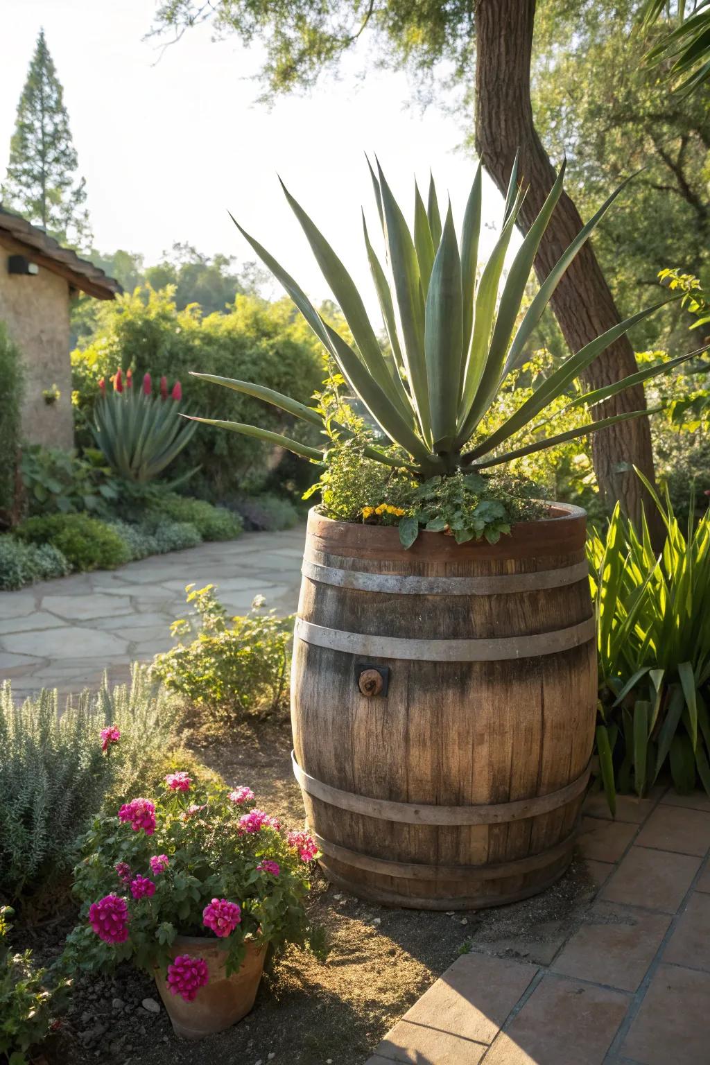 The striking silhouette of an agave plant in a whiskey barrel.