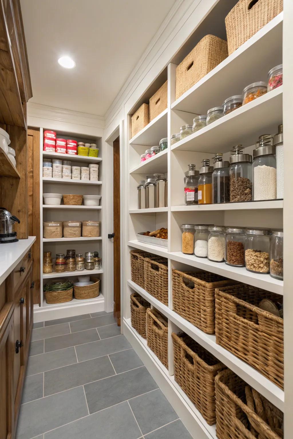 A walk-in pantry offers organized, clutter-free storage.