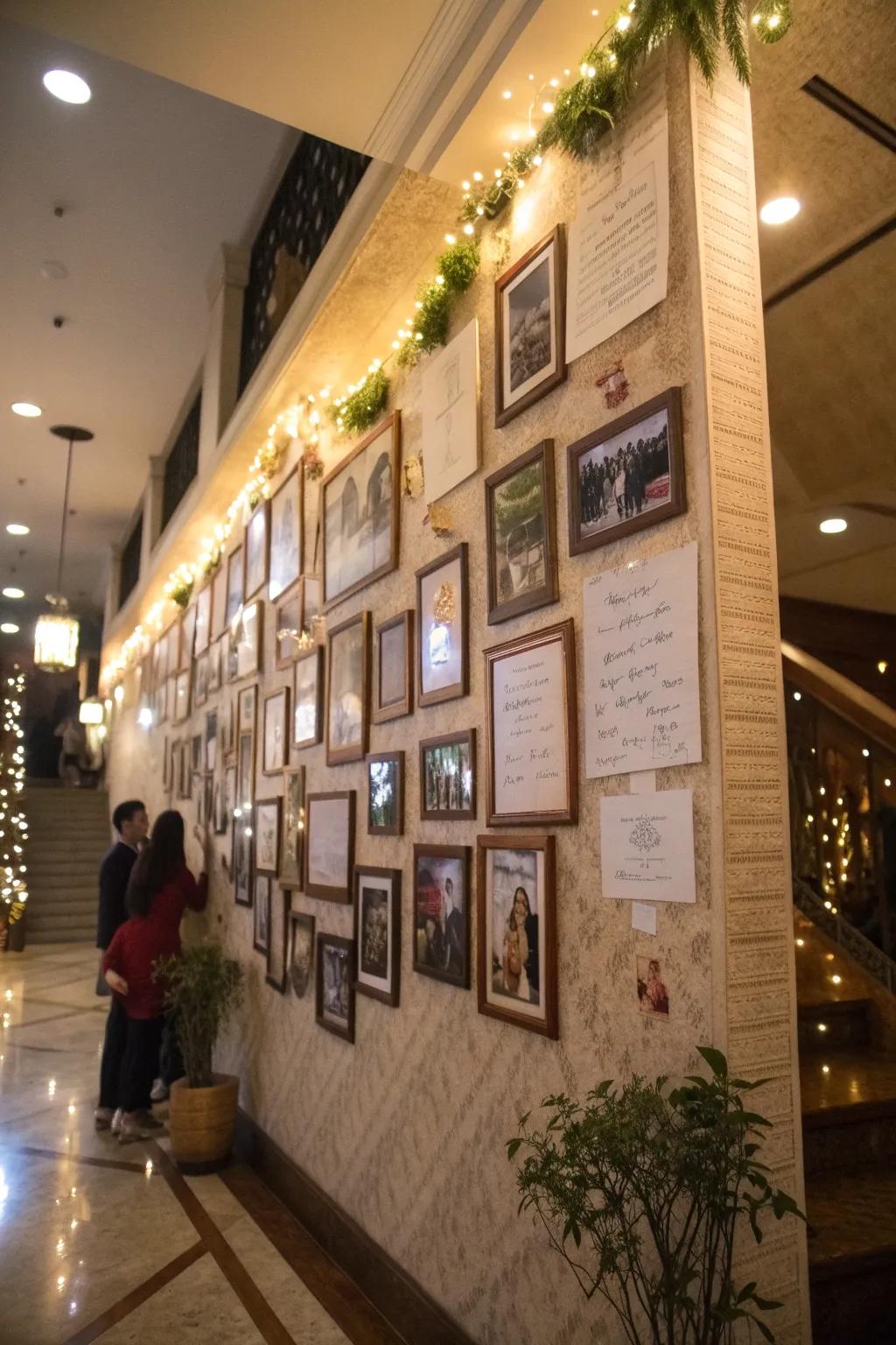 A memory wall filled with photos and messages adds a personal touch to the celebration.