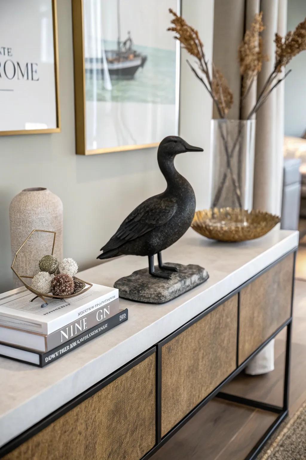A waterfowl display upon a stone foundation, impeccable for contemporary decor.