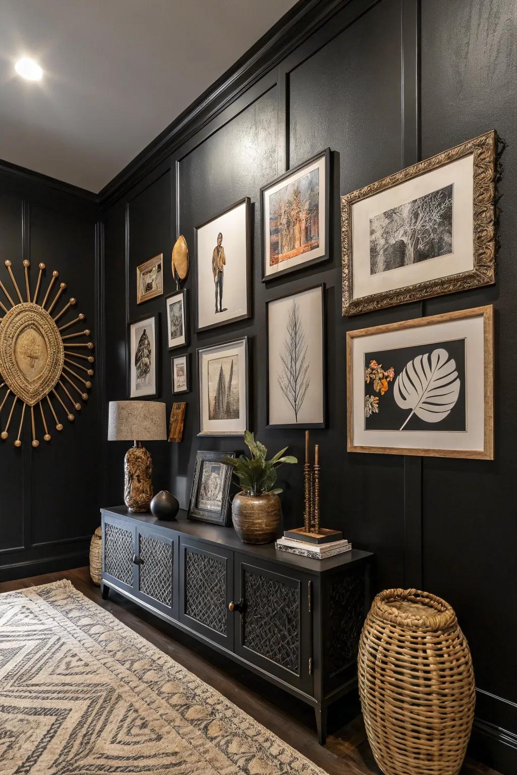 Curated wall art adding personality to a black room.