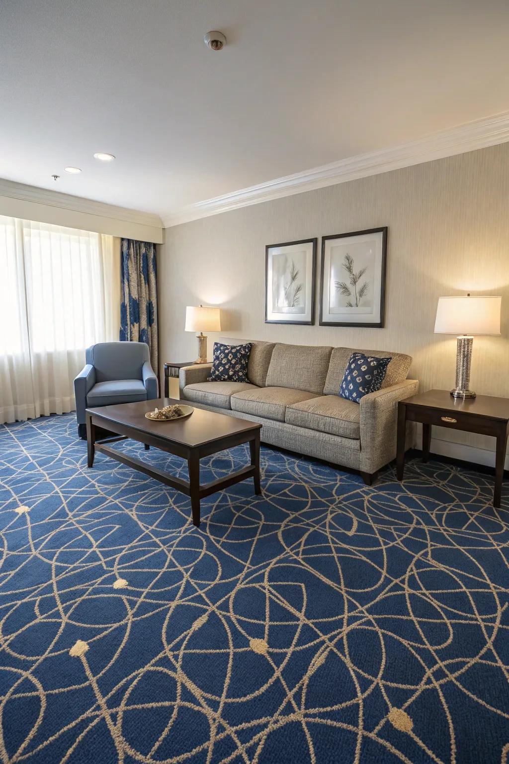 Patterned carpets contribute character and flair, rendering your lounge singularly yours.