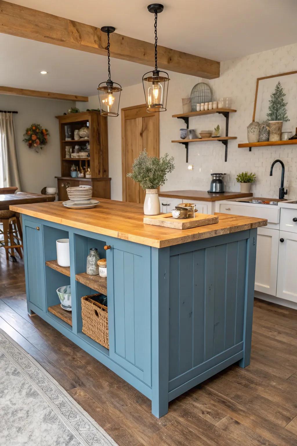 Wooden countertops add warmth to the blue island's inviting design.