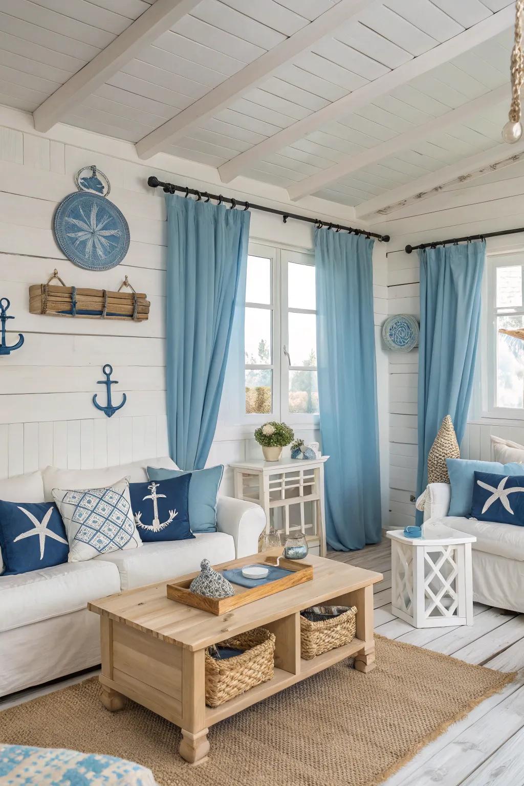 Blue and white create a refreshing coastal vibe in this inviting living room.