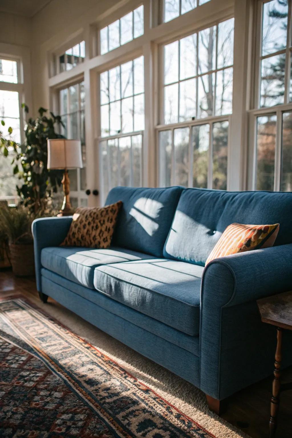 Sunlight makes a blue settee more vibrant.