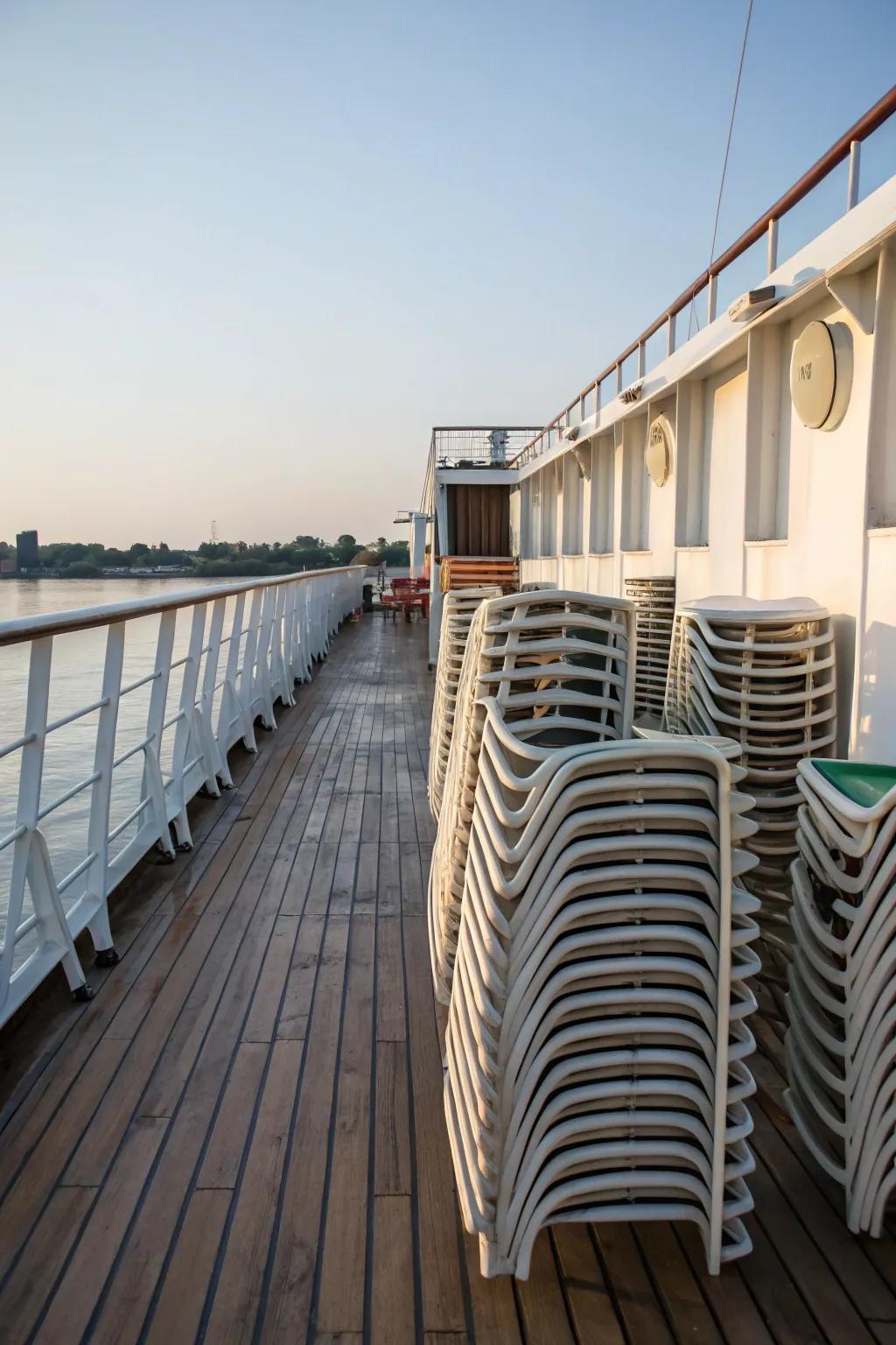 Accumulative chairs stowed neatly on a vessel deck.
