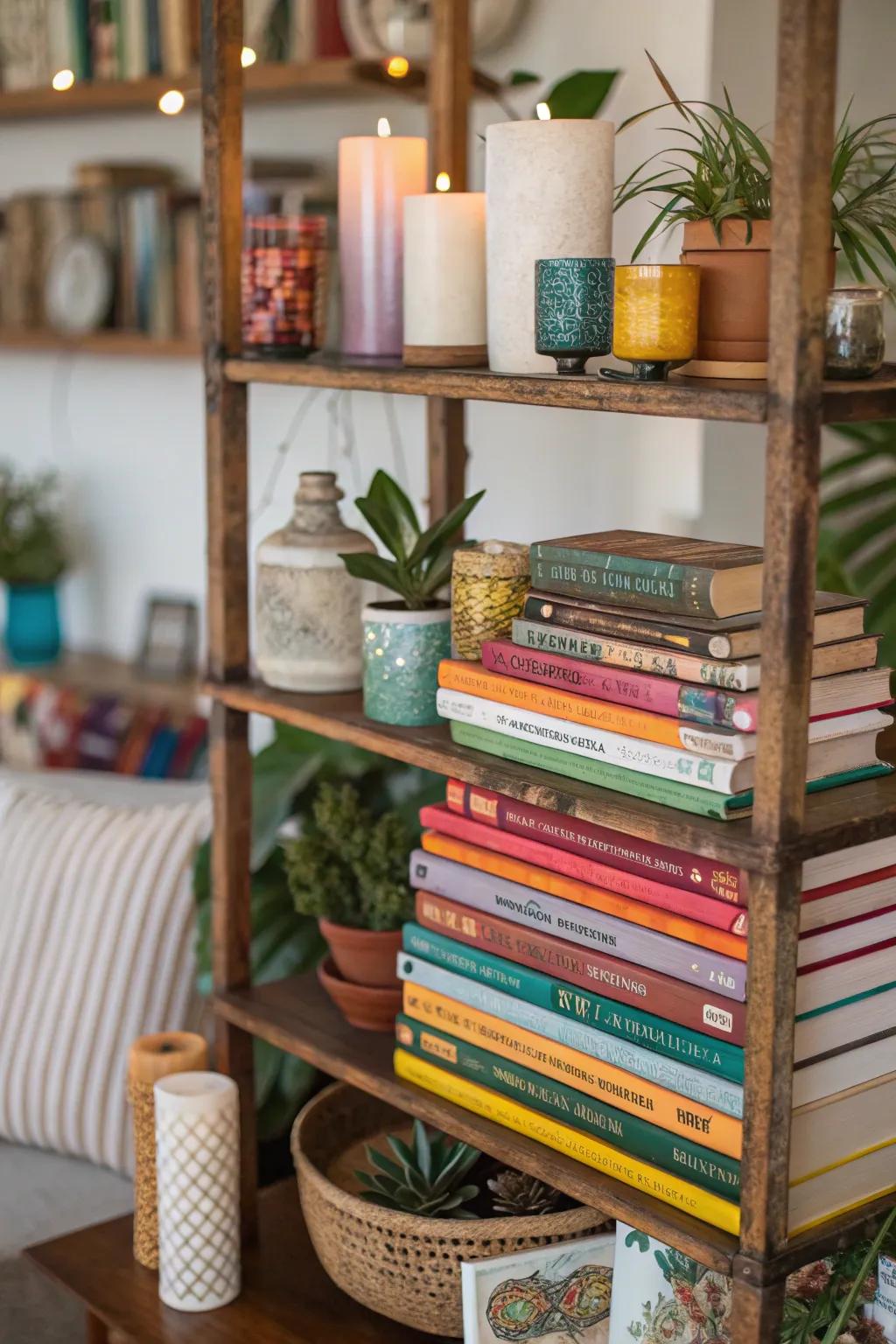 Books introduce texture and hue to your shelf decorations.