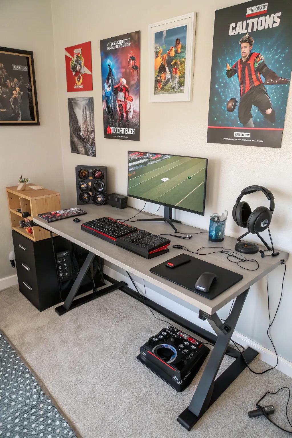 A spacious desk with built-in cable management for an organized gaming setup.