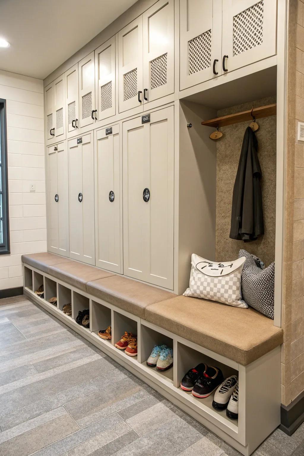 A comfortable seating area integrated with built-in lockers.