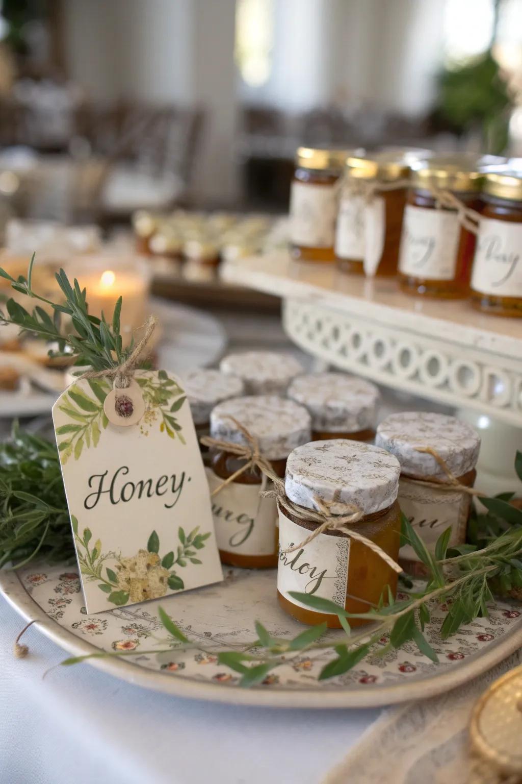 Charming honey jars serving as party favors.