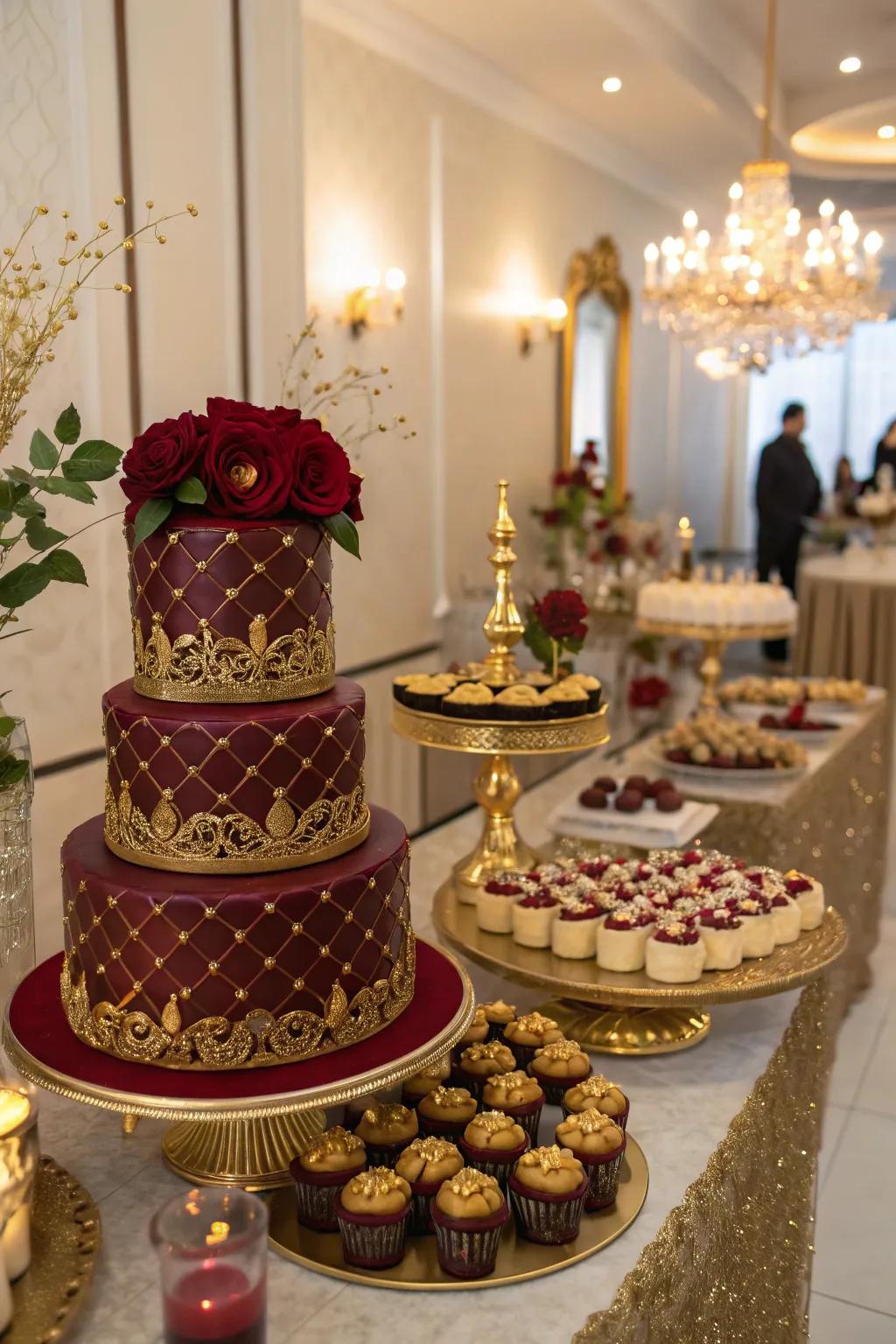 A decadent dessert table that looks as good as it tastes, all in burgundy and gold.