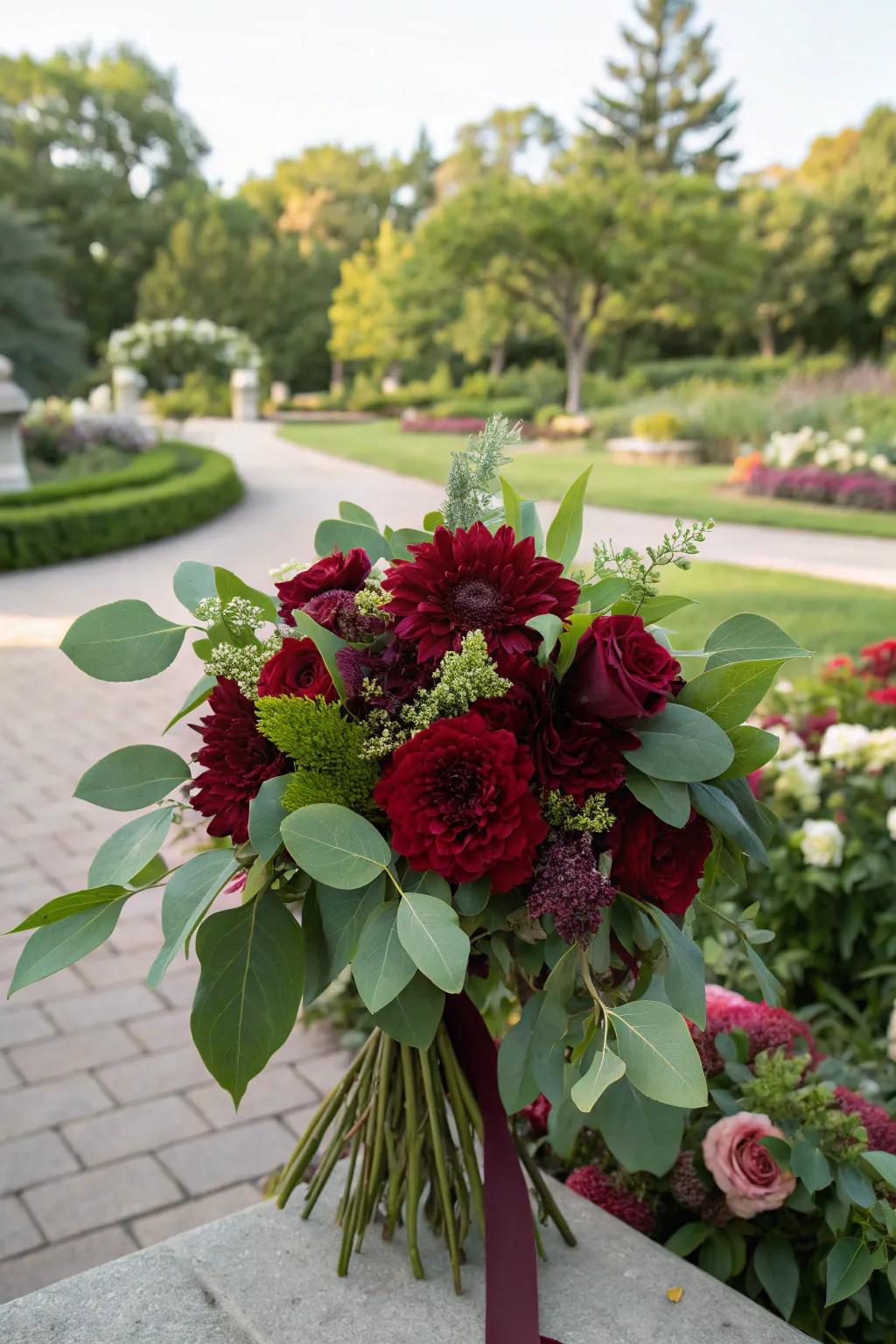 Burgundy bouquet enhanced with lush green foliage.