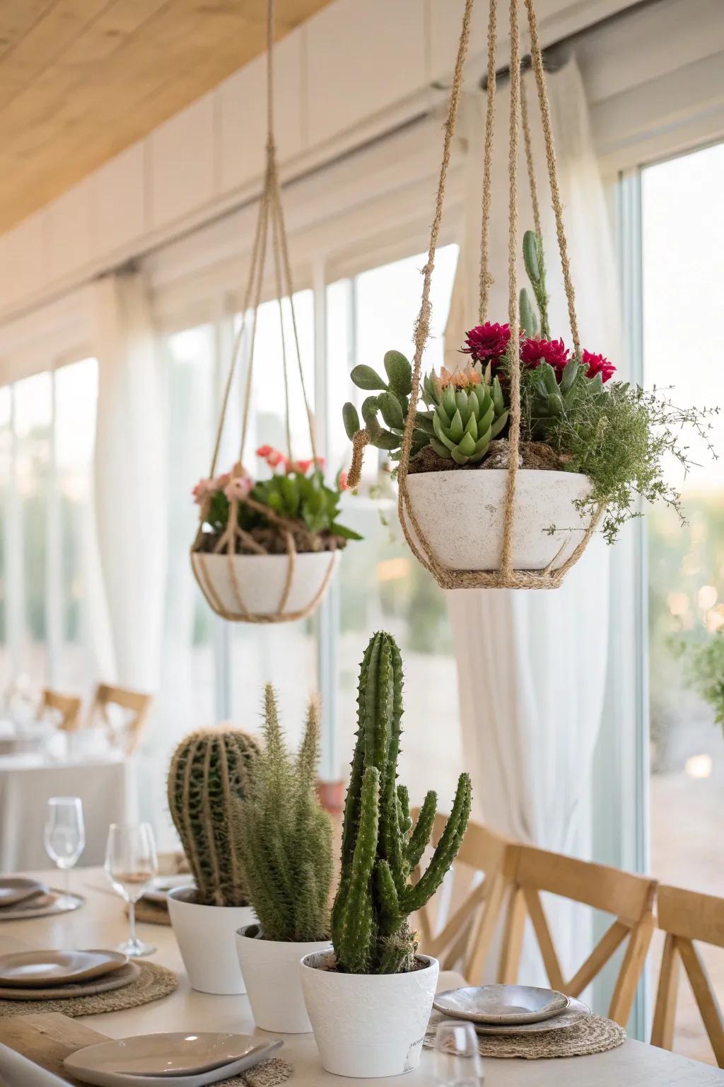 Suspended cacti yield a bewitching, floating garden impression.