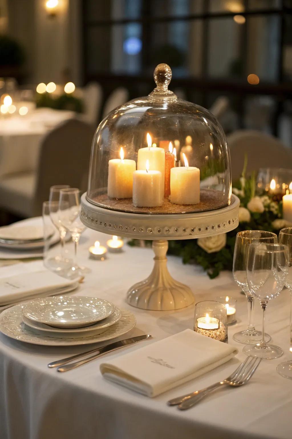 Produce an amorous dining encounter with a candlelit dome centerpiece.