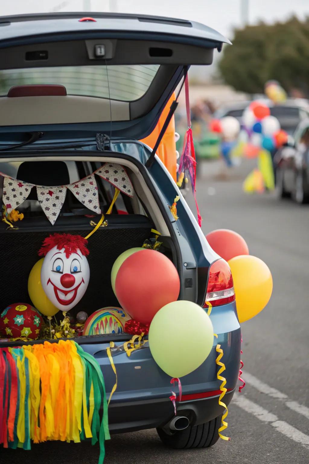 A cheerful clown-themed trunk, bursting with color and fun.