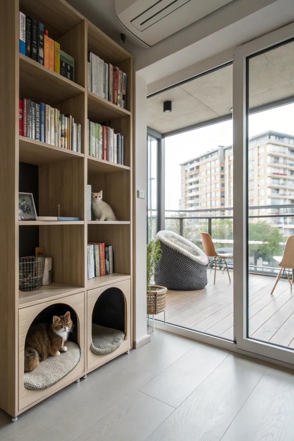 Bookcase converging with feline playground.