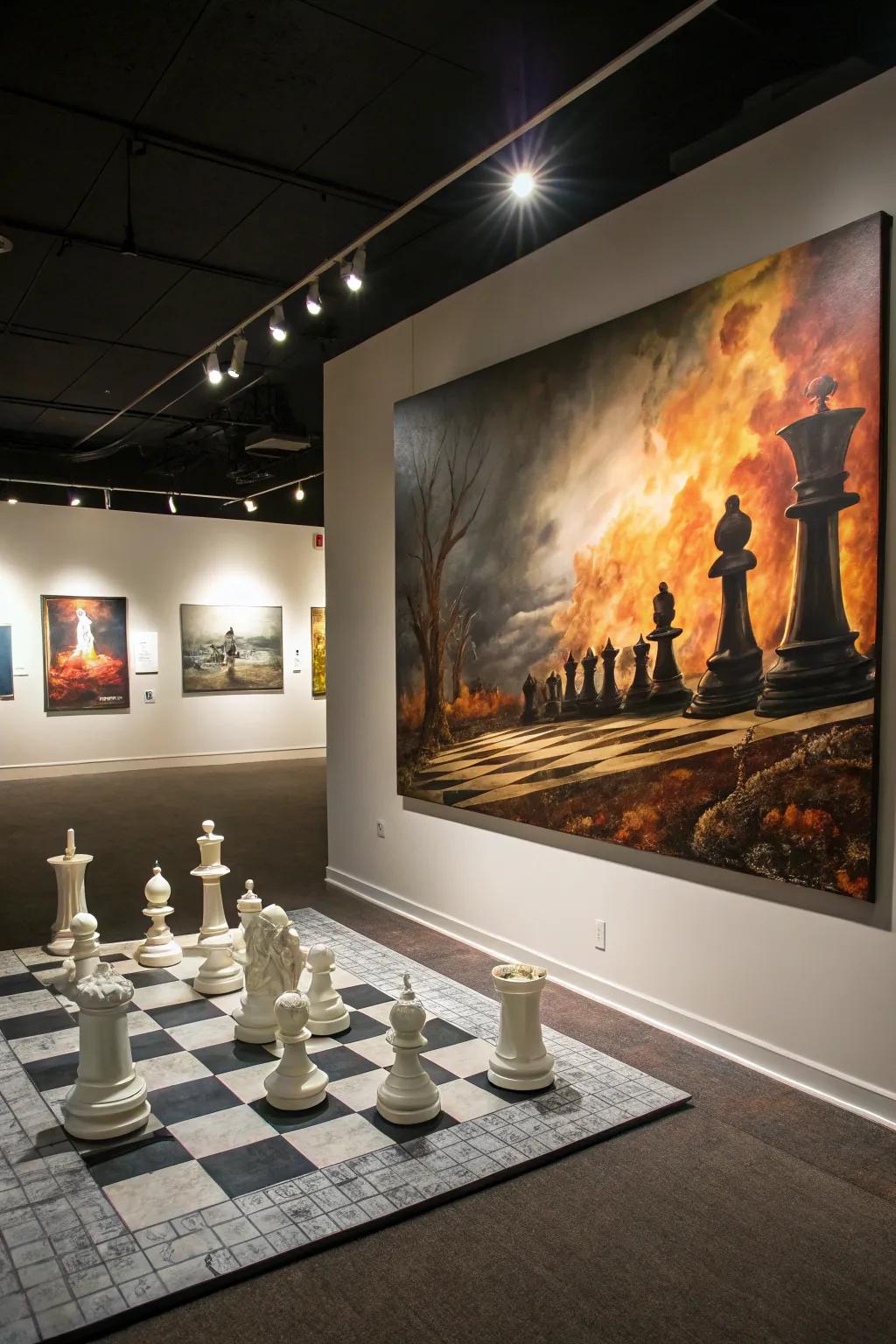 Theatrical settings render chess artworks spellbinding.