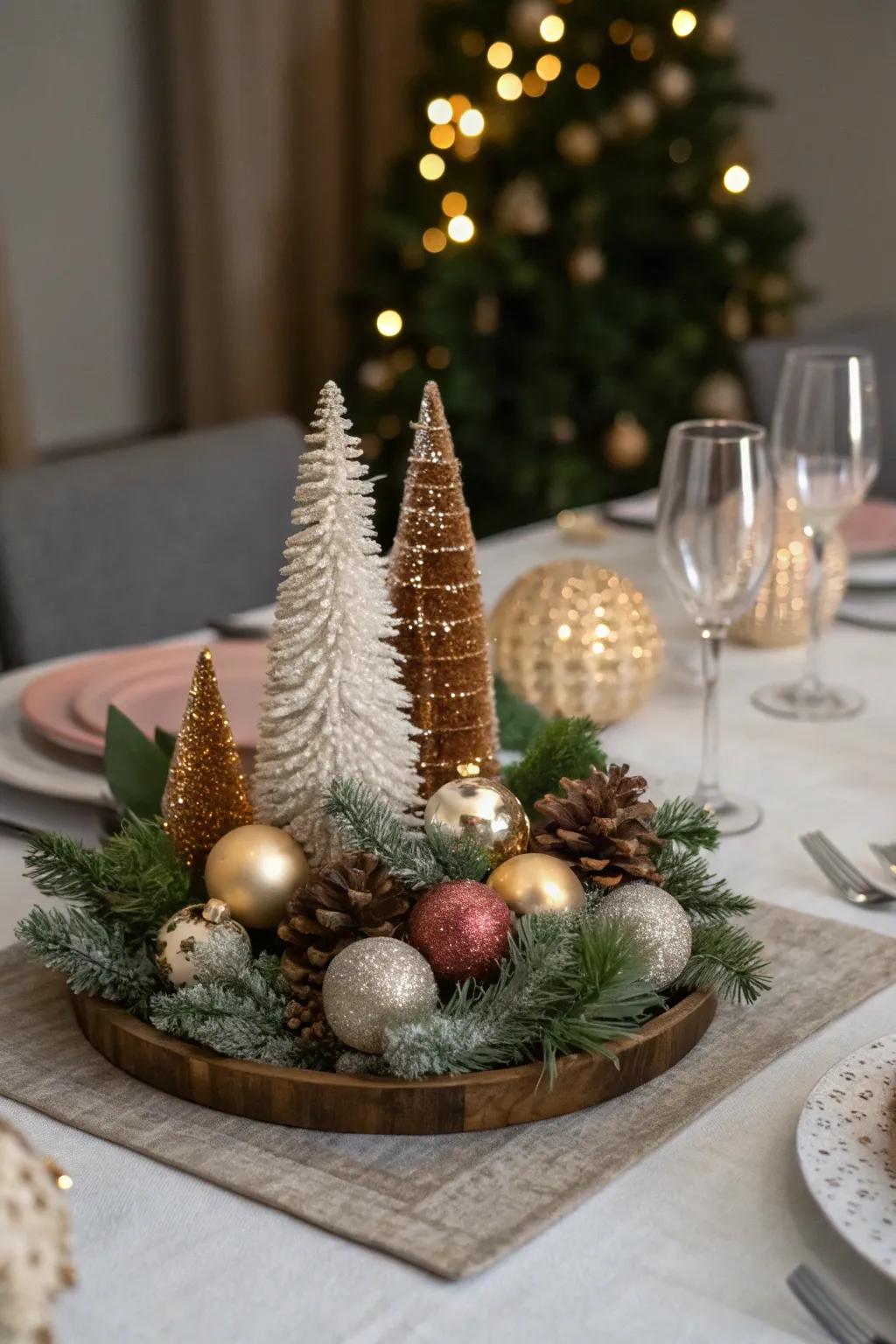 Ornaments and mini trees create a dazzling centerpiece.