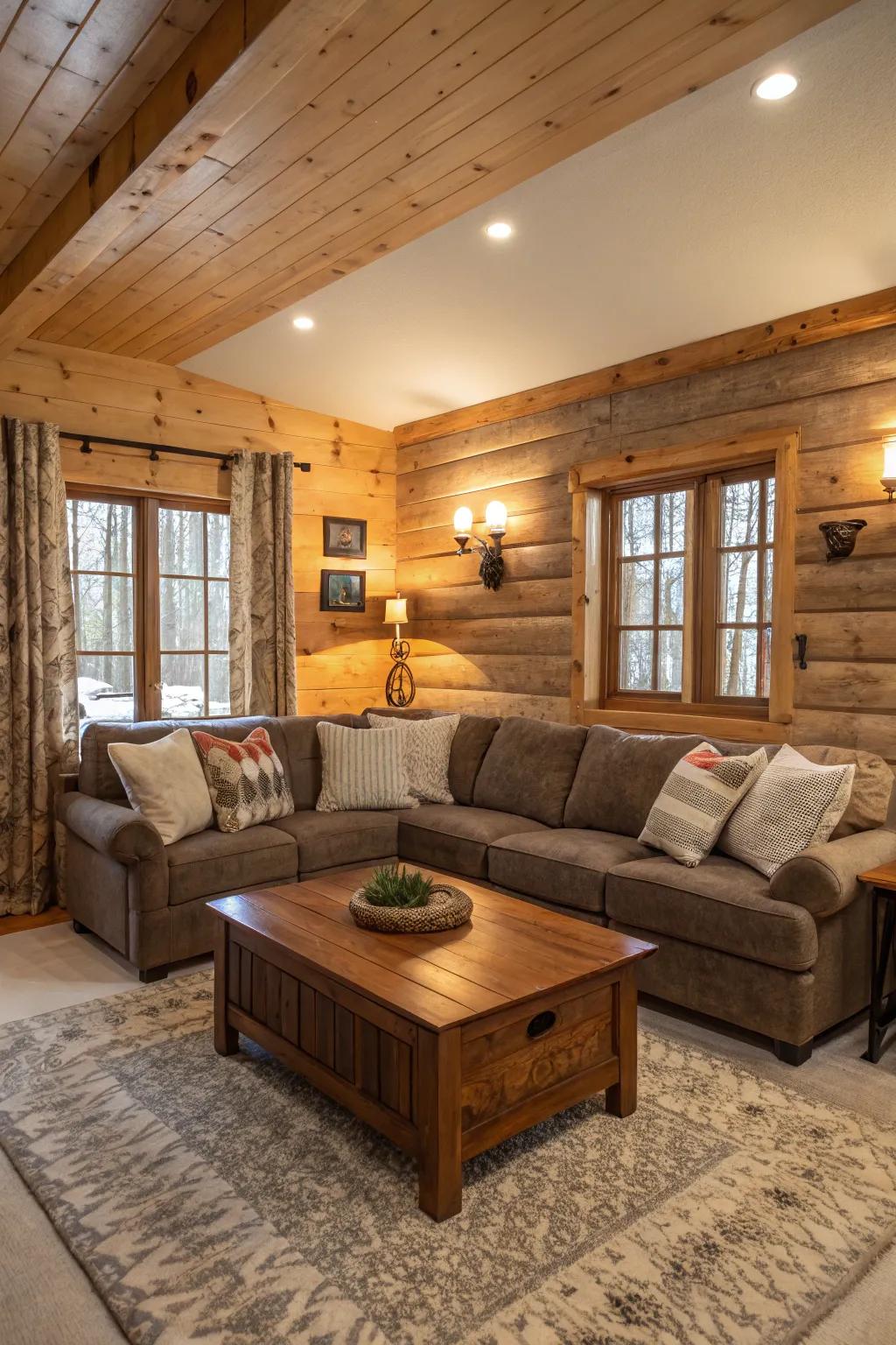 A rustic wooden coffee table infuses warmth and charm into any living room.