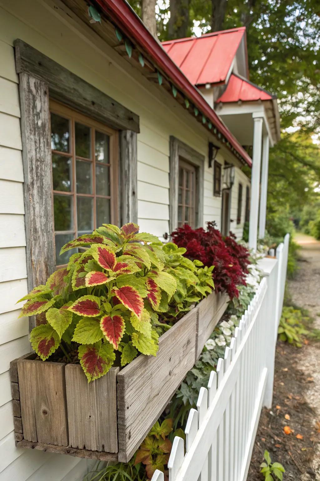 Rustic timber and spirited painted nettle merge exquisitely for captivating curb appeal.