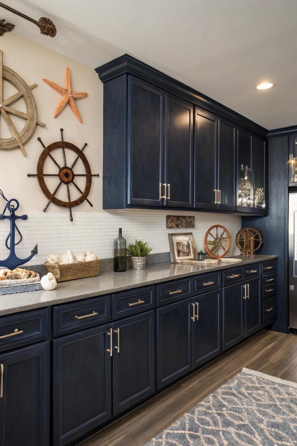 A kitchen featuring dark cabinets with navy blue accents for a sophisticated nautical theme.