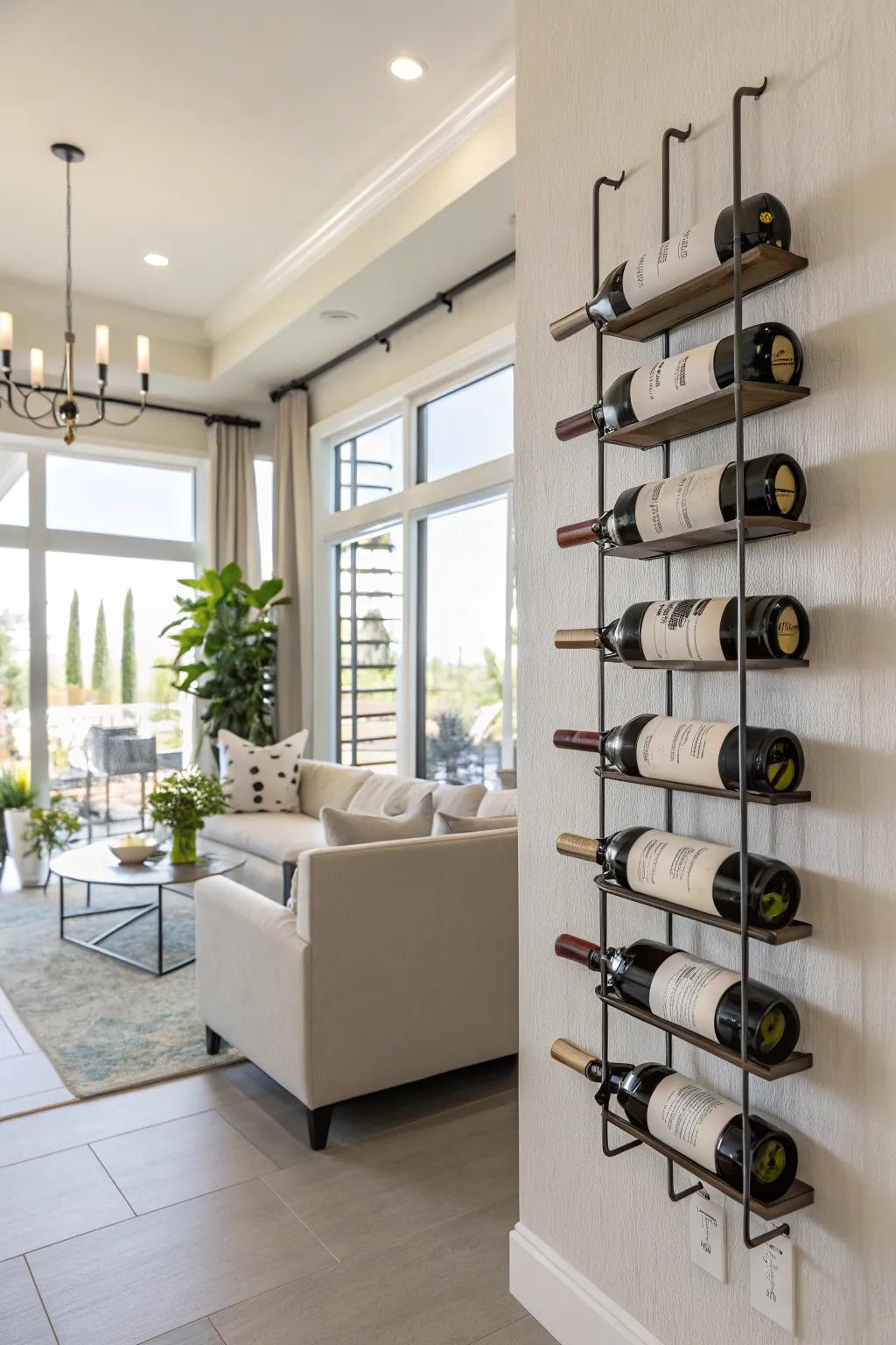 Floating wine racks offer a sleek, modern aesthetic.