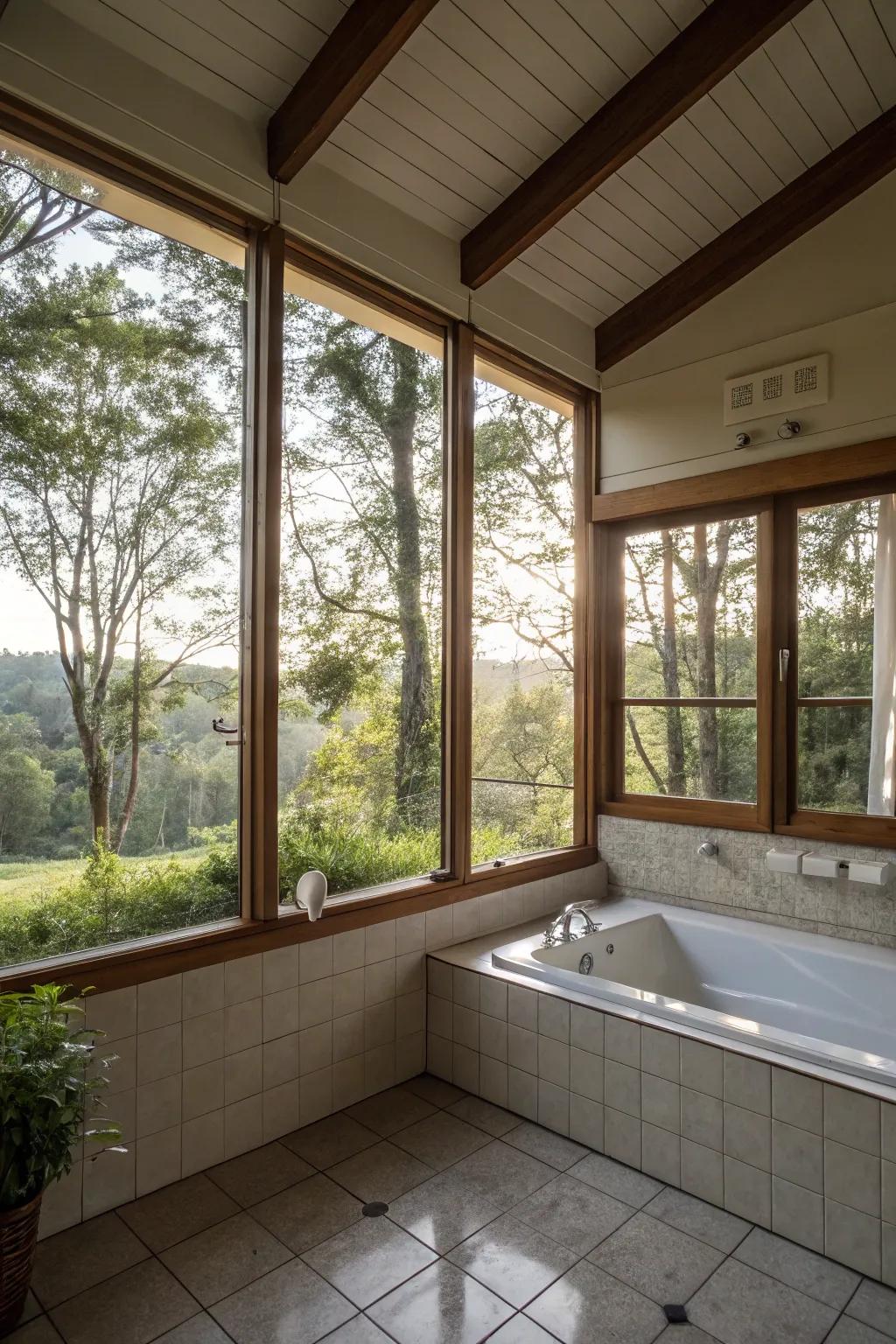 Expansive windows in a bathroom corner flood the area with light.