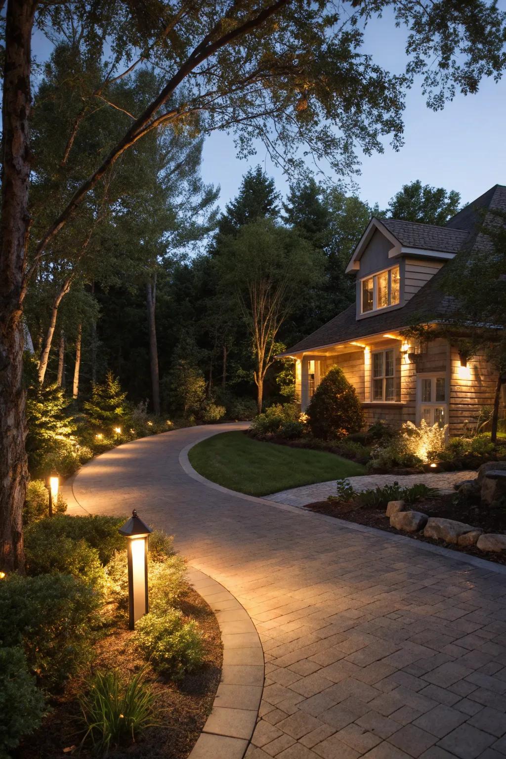 Warm accent illumination fashioning an inviting ambiance around a driveway.
