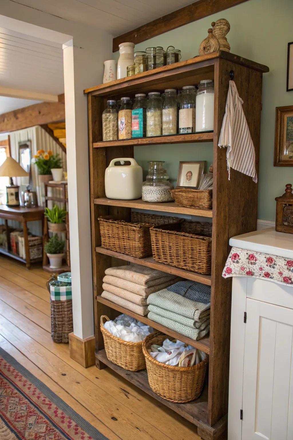 Open shelves are perfect for showcasing vintage treasures.