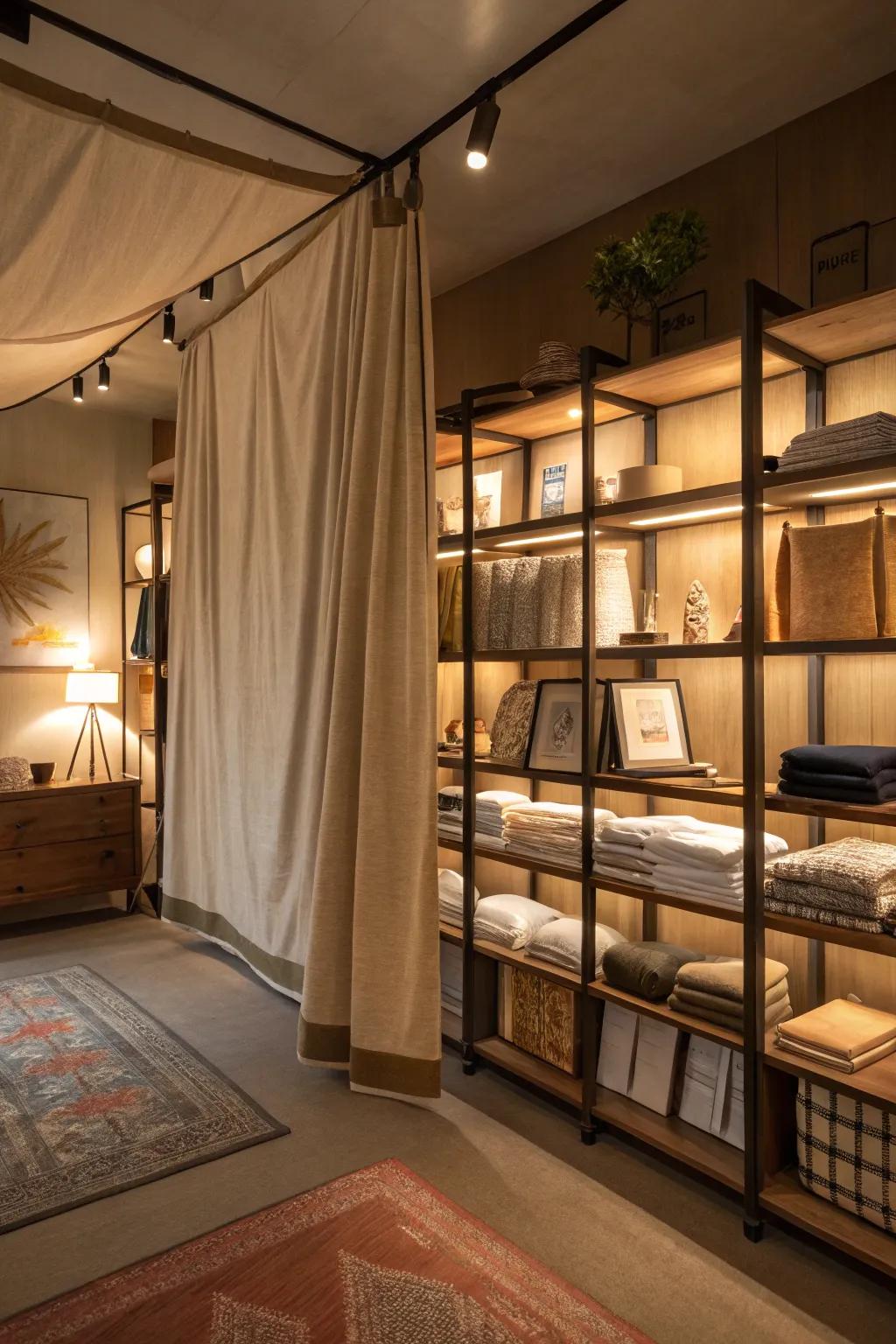 Textile facades imparting warmth and texture to open shelves.