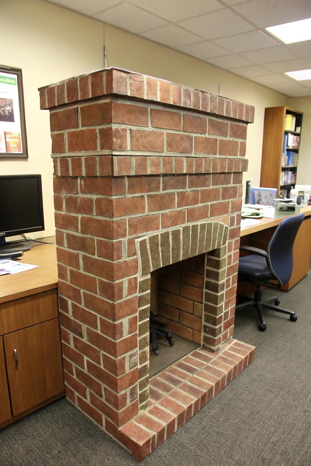 A faux fireplace brings warmth and coziness to the office decor.