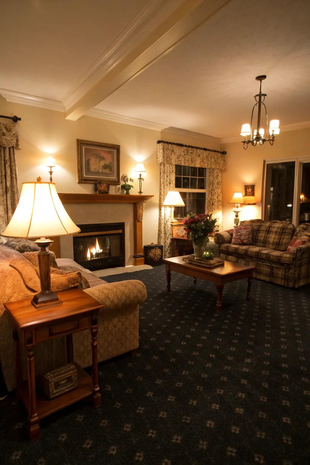 Warm lighting enhances the cozy feel of a dark carpeted room.