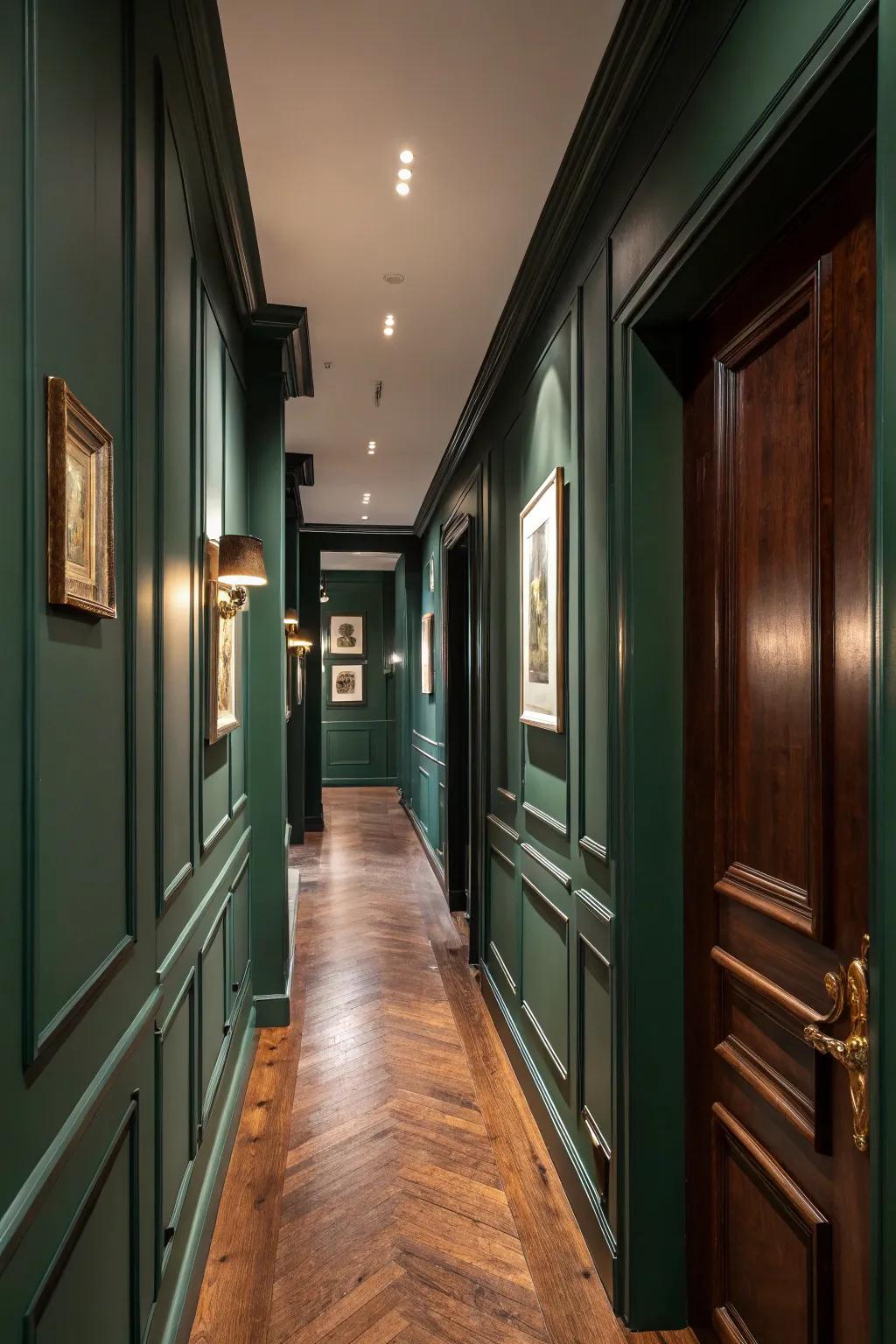 Timber flooring contributes warmth to the forest green hallway.