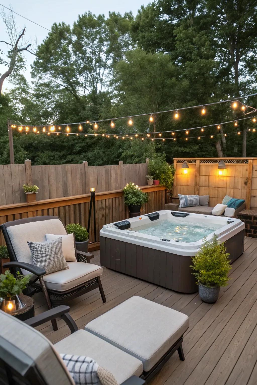 Comfortable seating areas add to the relaxing atmosphere of the hot tub deck.