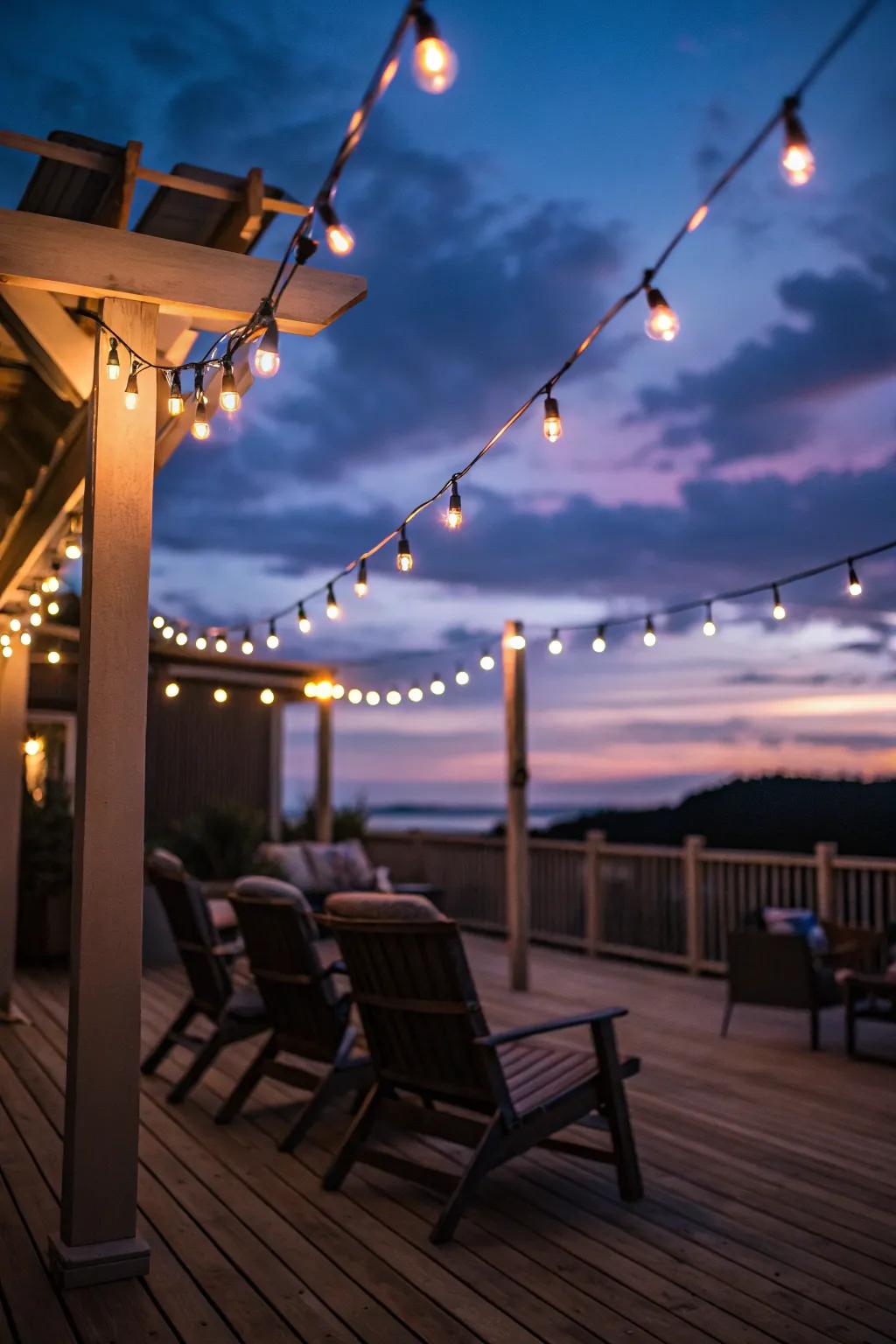Twinkling string lights contribute an element of enchantment to this intimate deck arrangement.