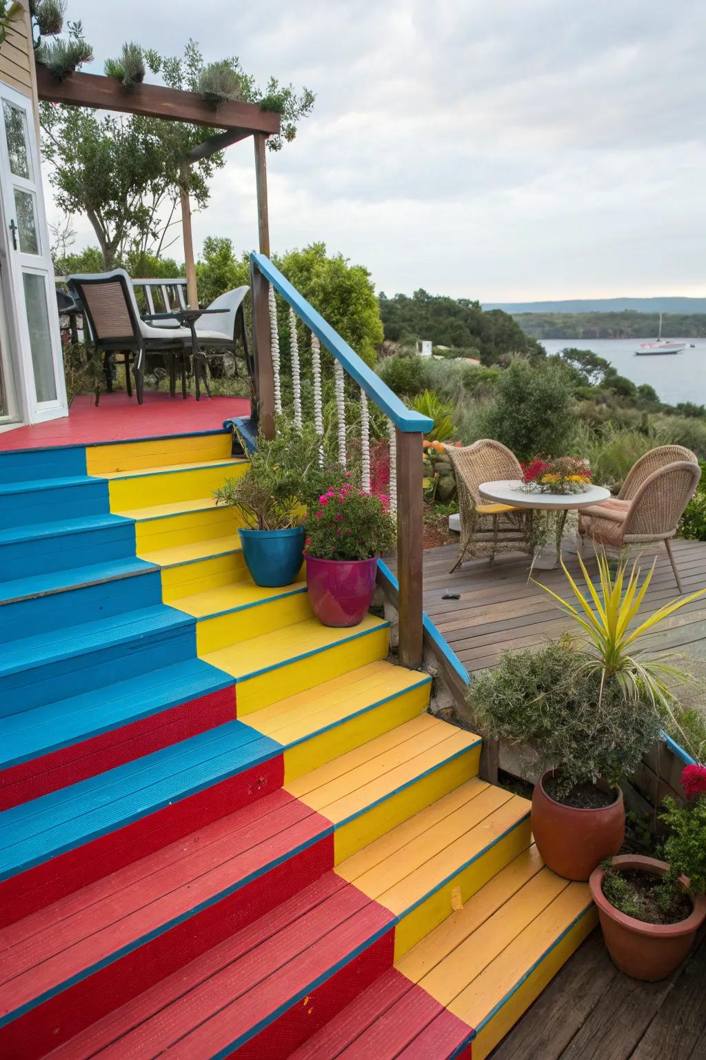 Deck steps featuring bold colors for a vibrant design