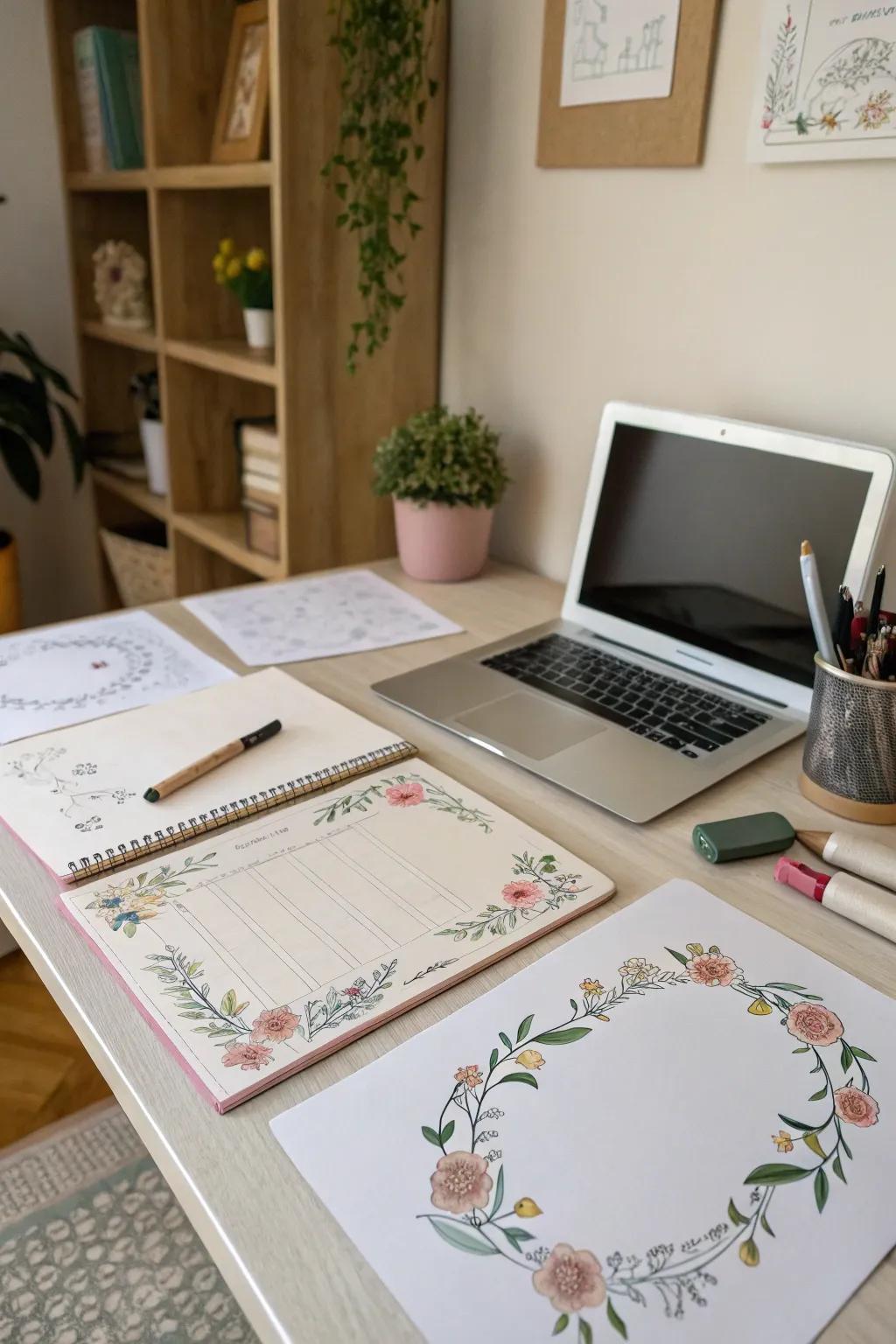Home office desk with papers.