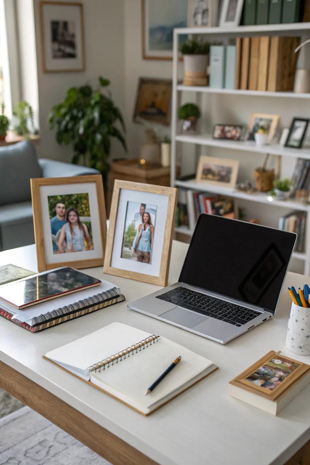 Personal photos bringing warmth and personality to the desk.