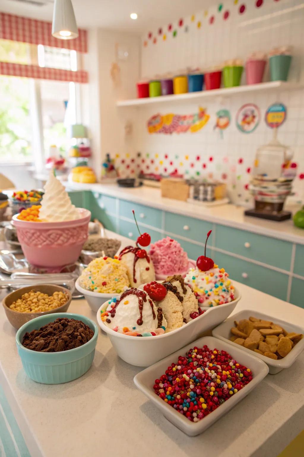 An interactive ice cream sundae station for sweet indulgence.