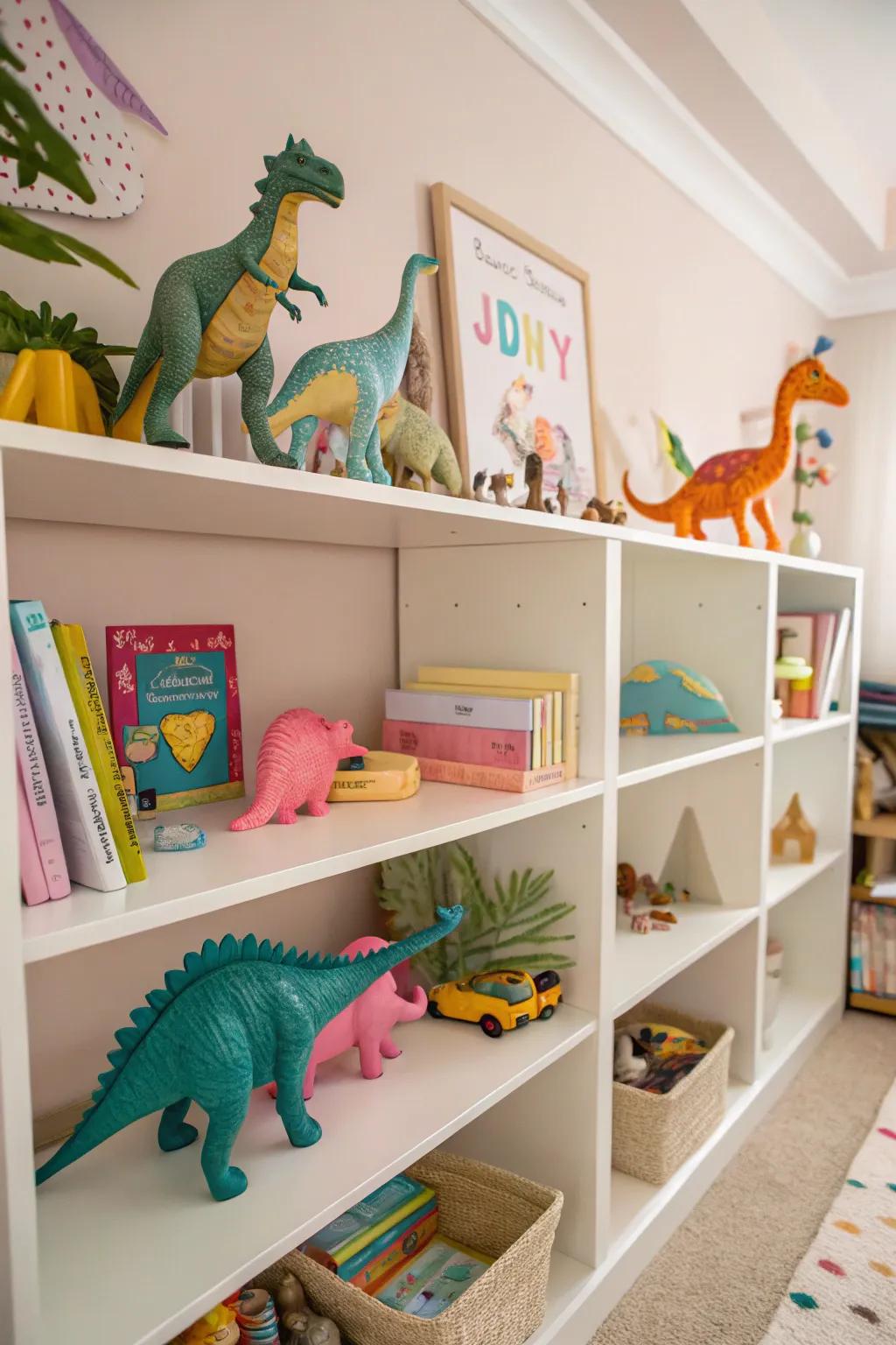 Dinosaur toys and figures that add playful charm to the room.