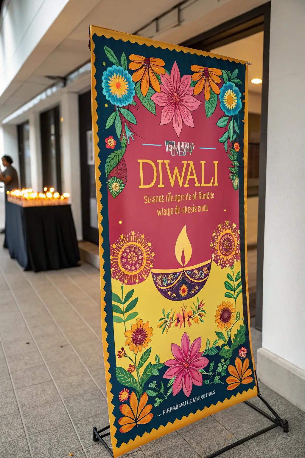 A vibrant Diwali poster decorated with blossom themes and rich colors.