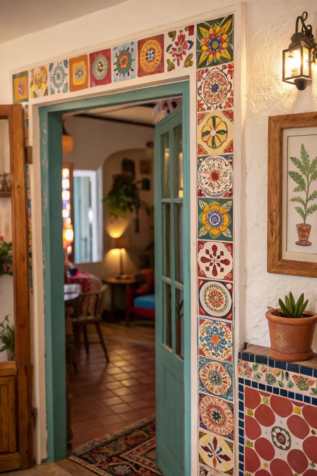 Tile trim adds a unique and artistic touch to this bohemian space.