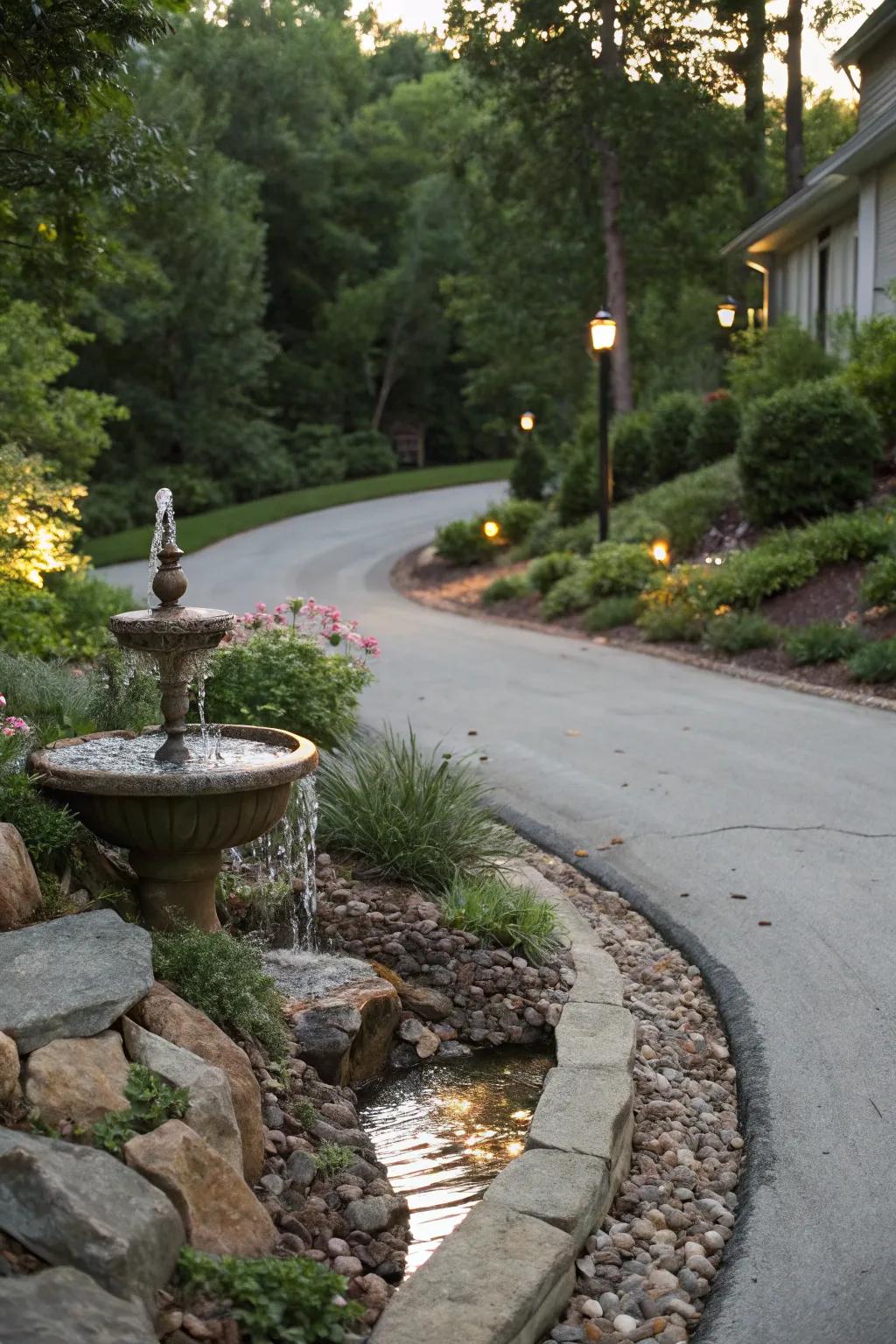 A water feature imparts tranquility to this driveway.